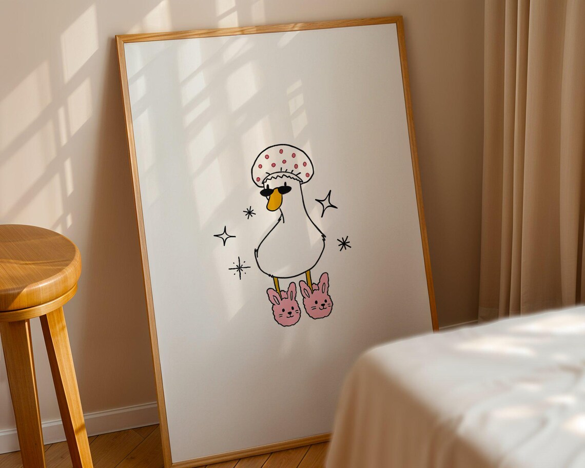 Cute Duck In Bunny Slippers Bathroom Wall Art Print