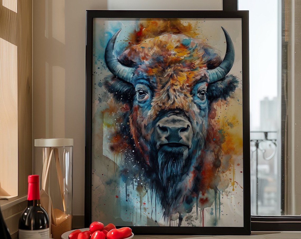 American Bison Watercolor Portrait Buffalo Wildlife Art Poster