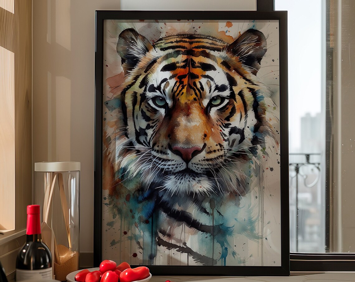 Tiger Watercolor Portrait Majestic Big Cat Wildlife Art Poster