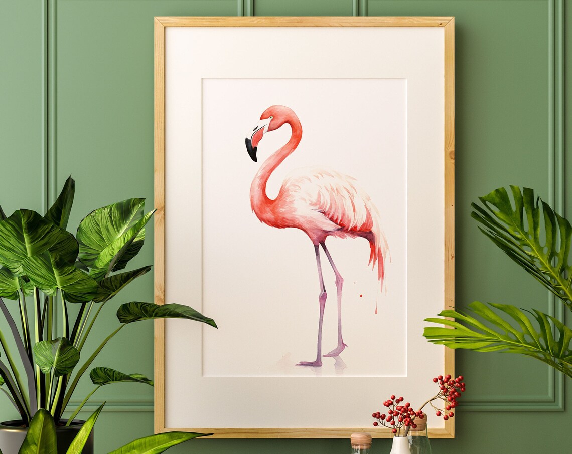 Pink Flamingo Elegant Bird Watercolor Modern Nursery Wall Art