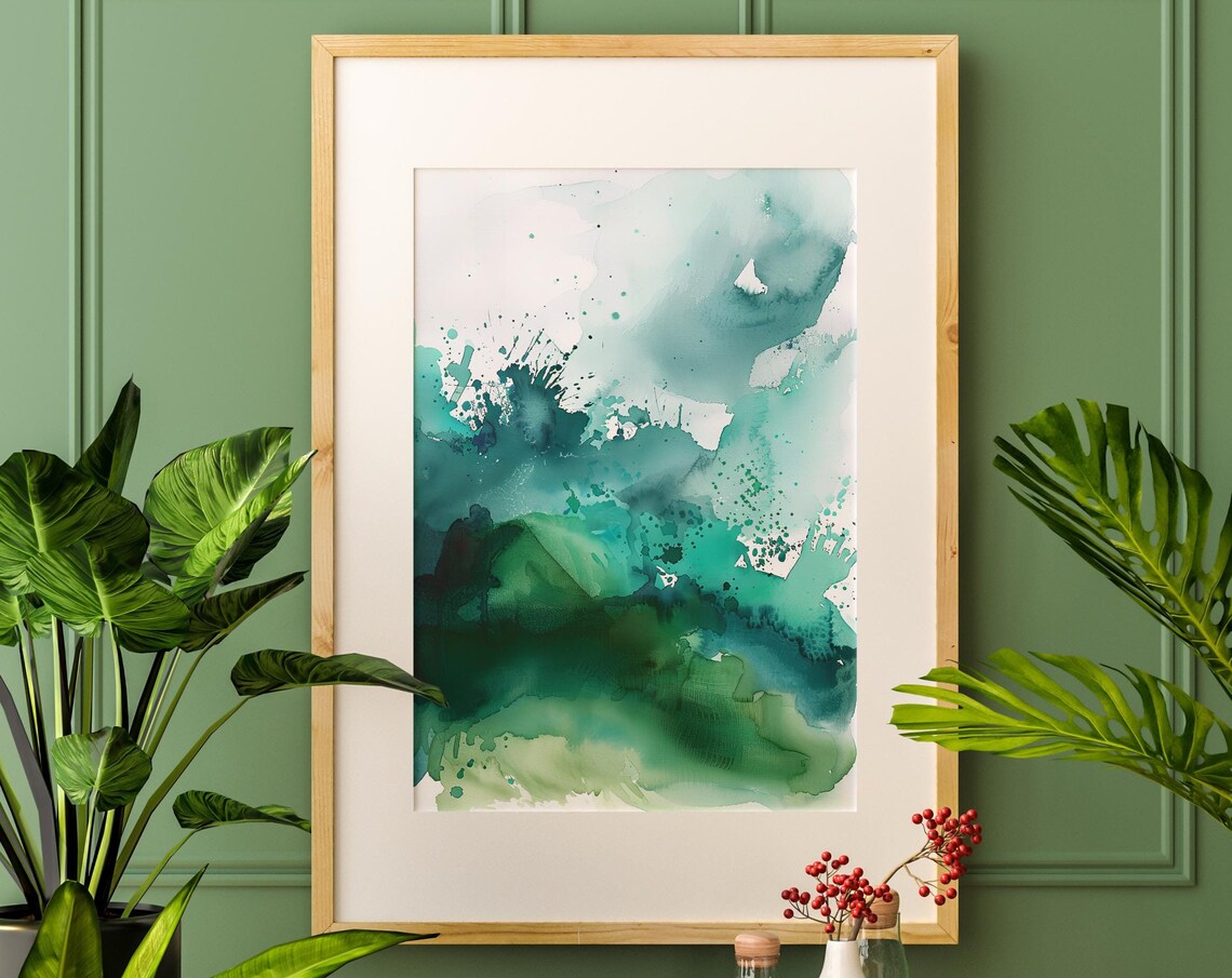 Teal Green Watercolor Splash Abstract Fluid Minimal Art Poster - Image 3