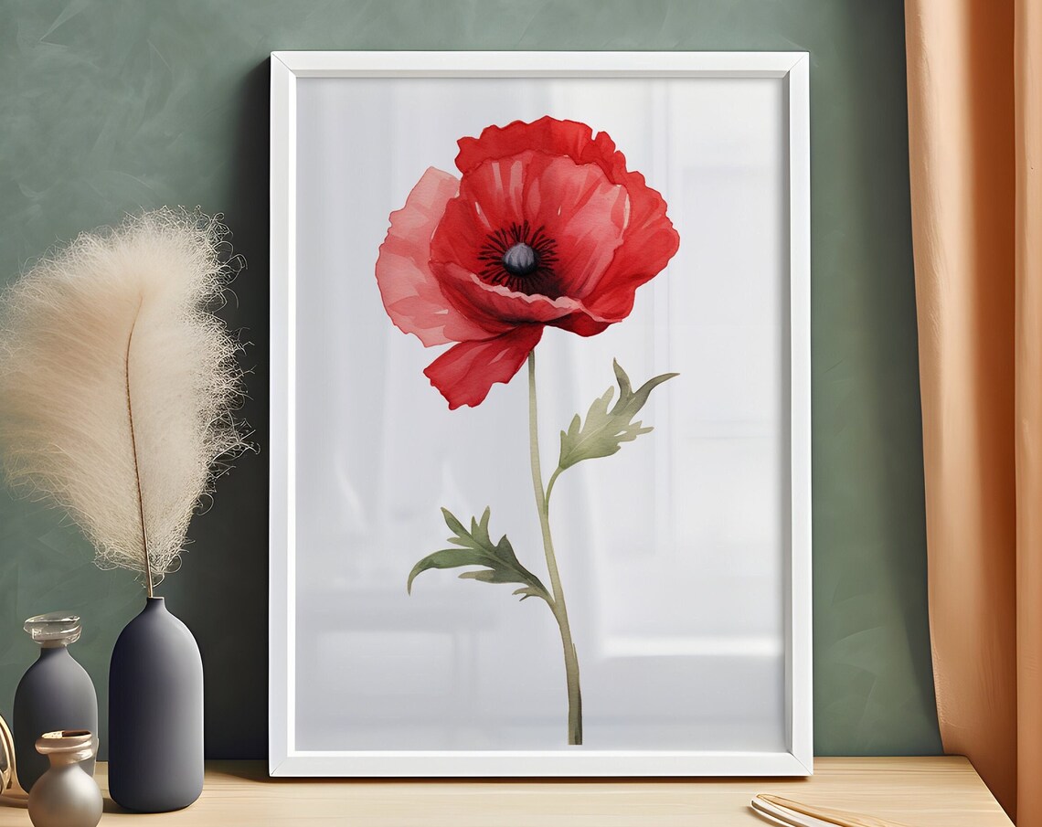 Red Poppy Bloom Minimalist Watercolor Single Fresh Flower Print