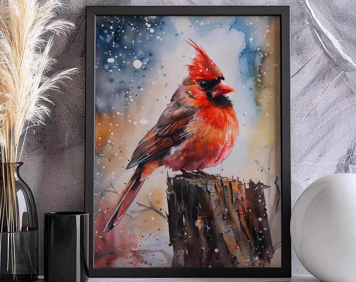 Red Cardinal Snow Watercolor Bird Perched Winter Bird Art Poster - Image 5