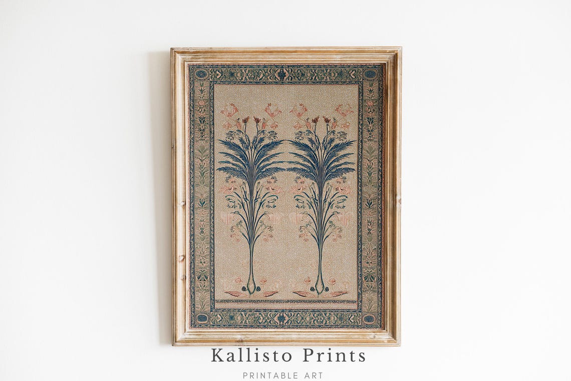 Vintage Twin Palm Botanical Ornate Border Mughal Style Art Print