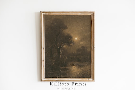Moonlit Marshland Nighttime Landscape Antique Oil Painting Poster