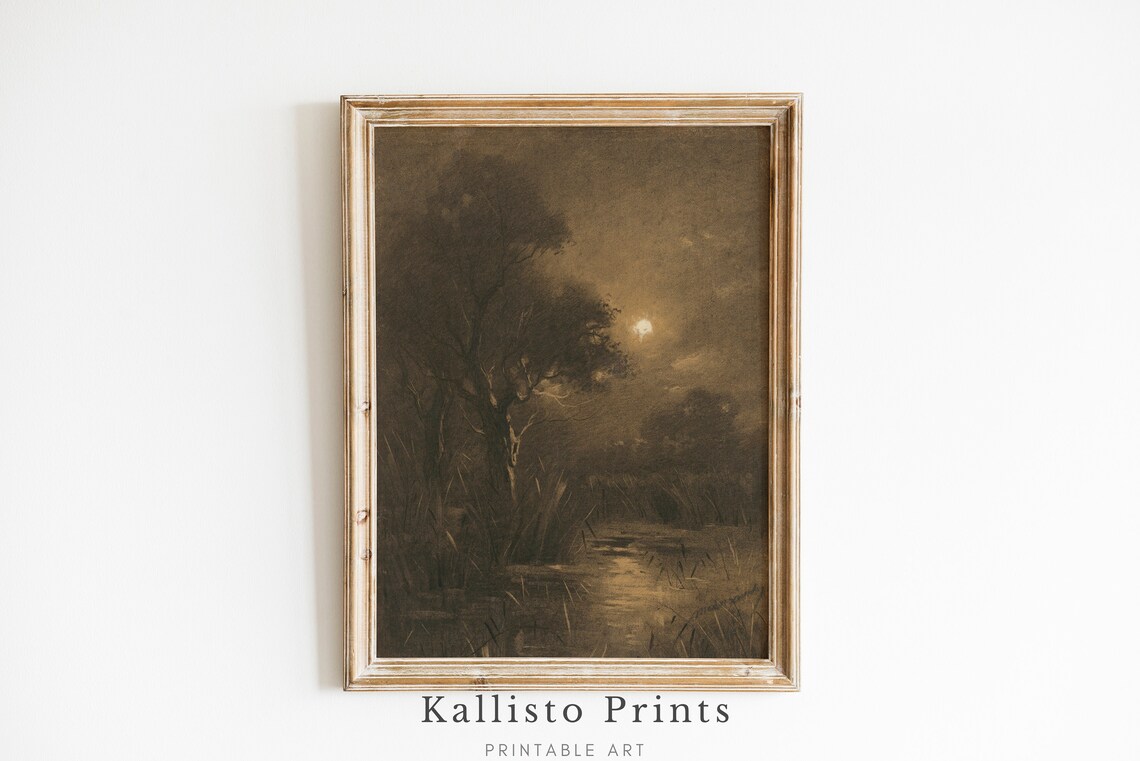 Moonlit Marshland Nighttime Landscape Antique Oil Painting Poster