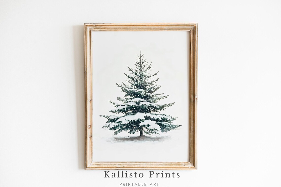 Lone Snowy Evergreen Tree Minimalist Winter Painting Art Poster