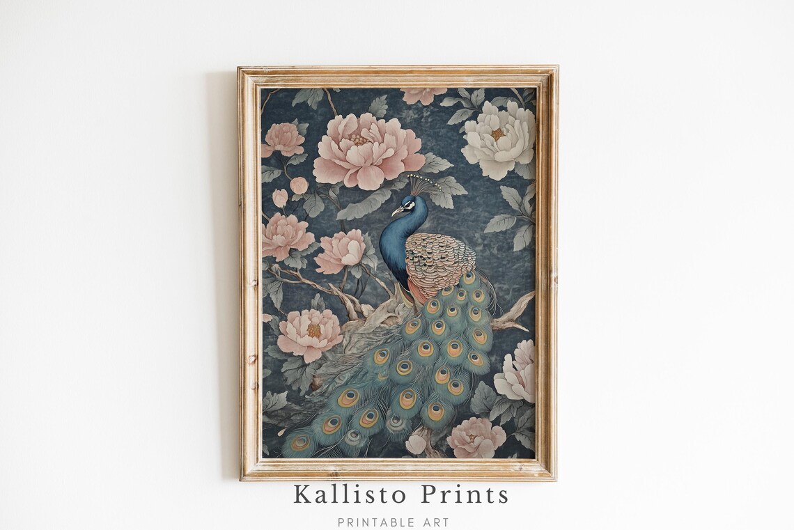 Peacock And Peonies Navy Chinoiserie Elegant Floral Wall Art