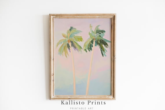 Two Soft Pastel Palm Trees Pink Sky Tropical Minimalist Wall Art