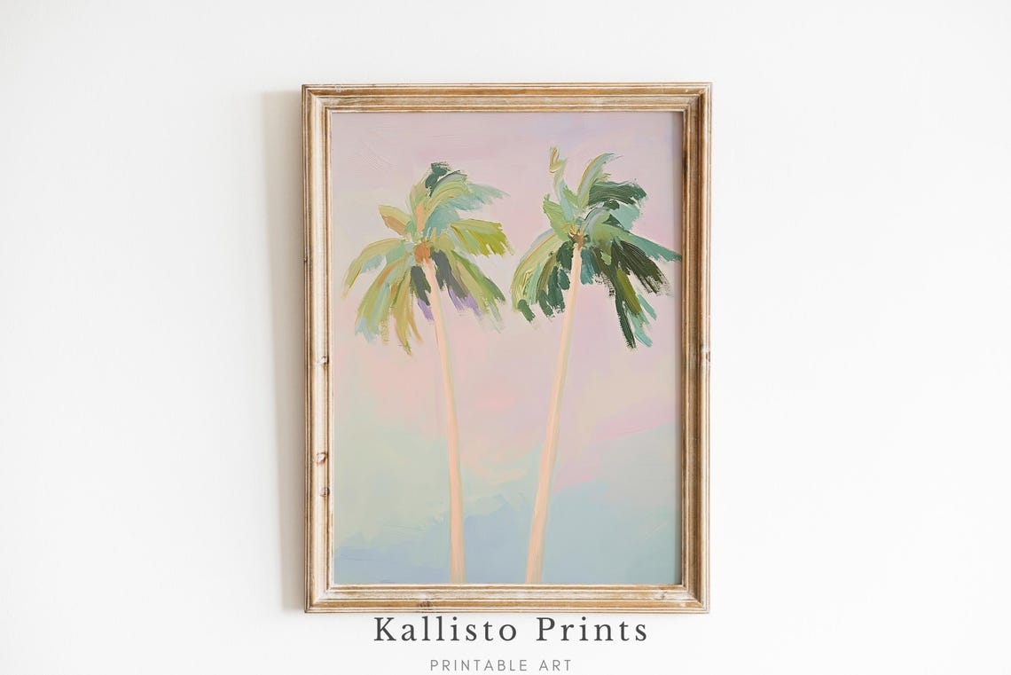 Two Soft Pastel Palm Trees Pink Sky Tropical Minimalist Wall Art