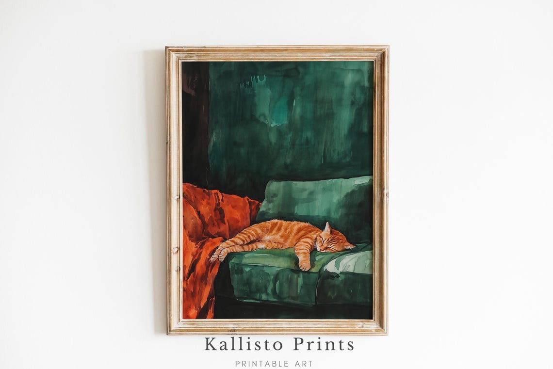 Sleeping Orange Tabby Cat On A Green Sofa Cozy Watercolor Wall Art