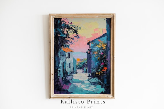 Sunset Alleyway Art Print, Vibrant Textured Painting