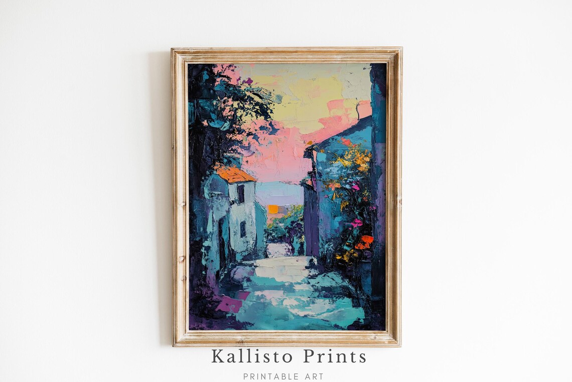 Sunset Alleyway Art Print, Vibrant Textured Painting