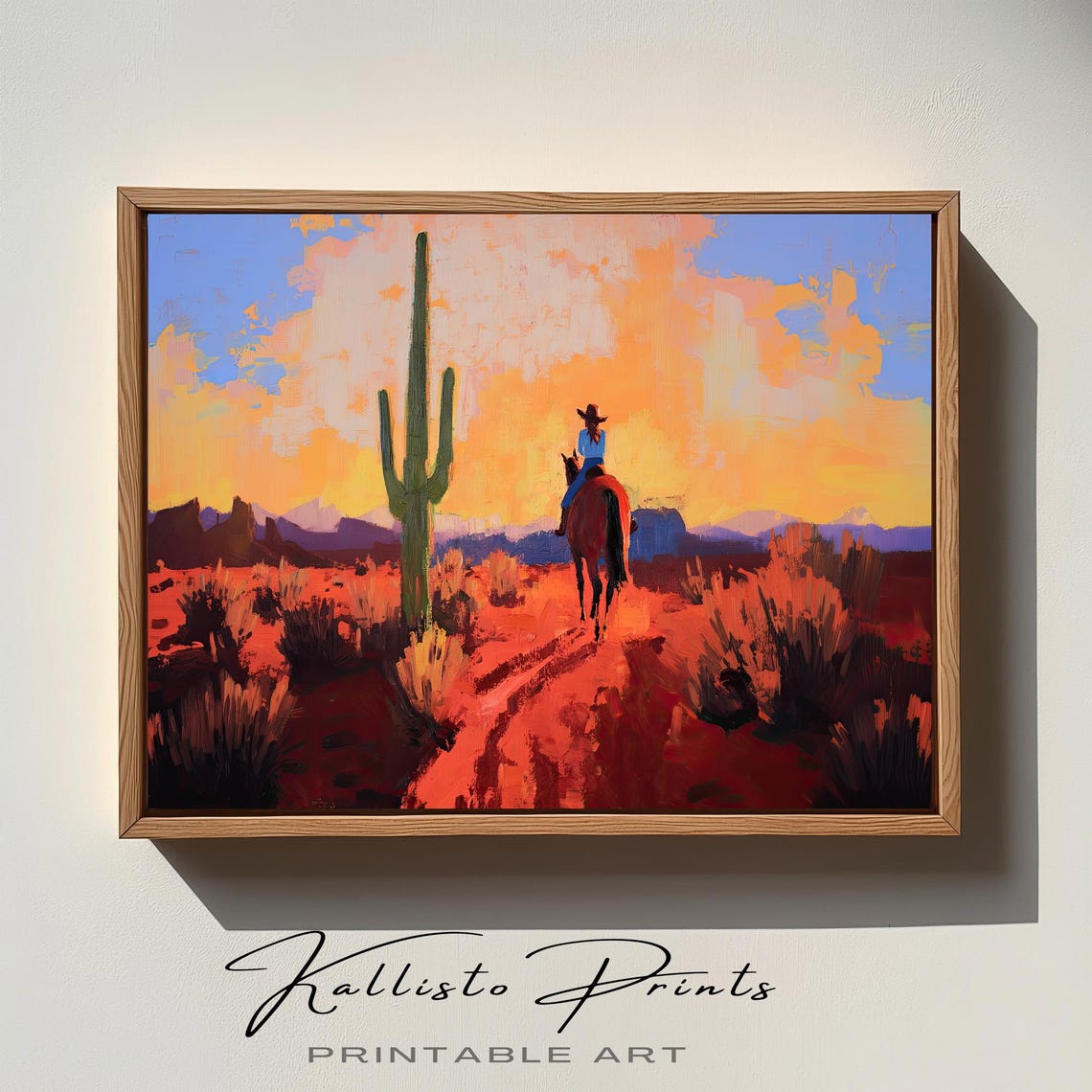 Cowgirl On Horseback Desert Sunset Cactus Western Art Poster