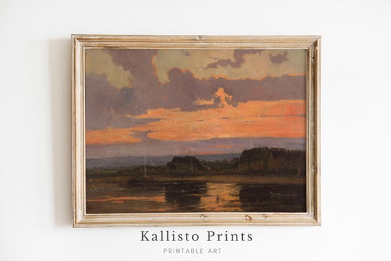 Sunset Over Village Painting Tranquil Evening Landscape Art Print Warm Tones And Reflections Rustic Countryside Wall Art107