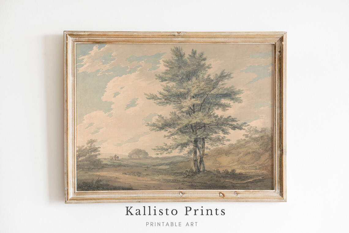Serene Pastel Countryside Landscape With Majestic Tree Art Print