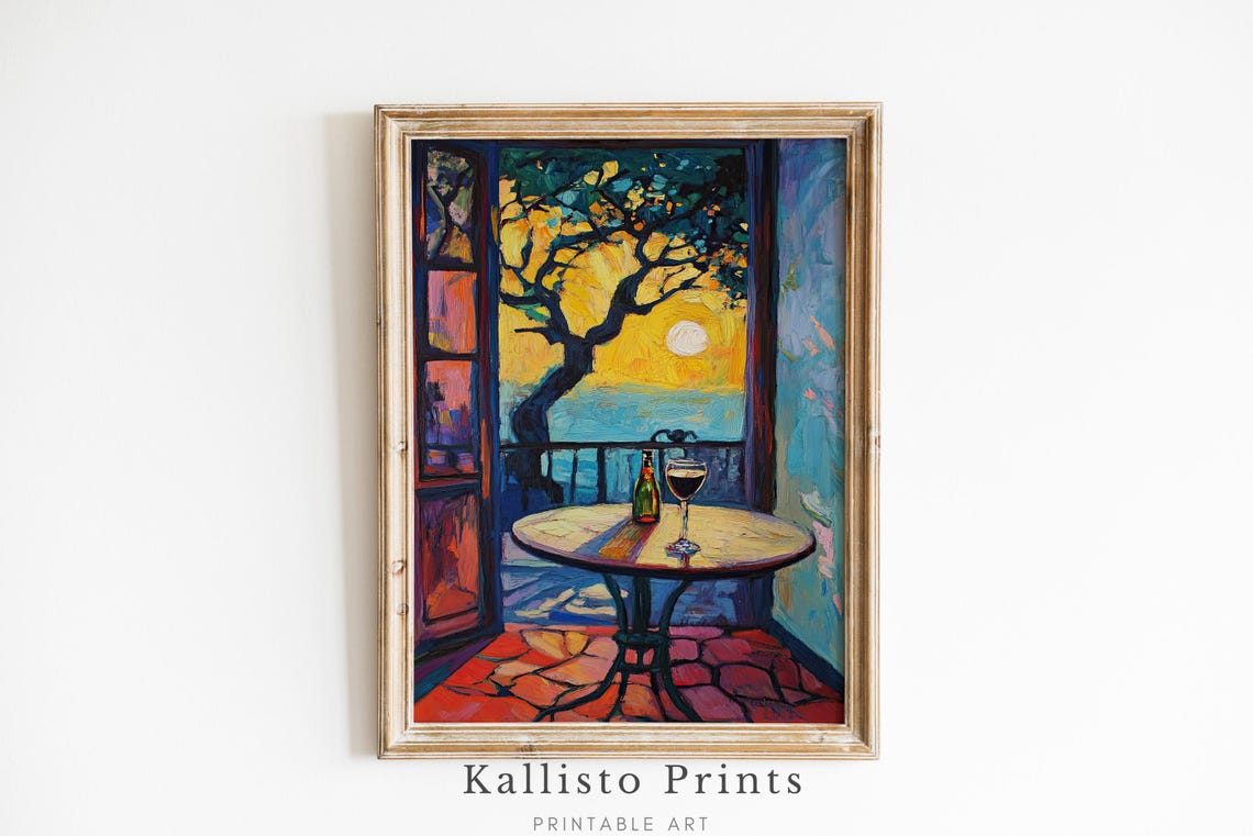 Romantic Balcony Sunset Art Print, Cozy Home Decor