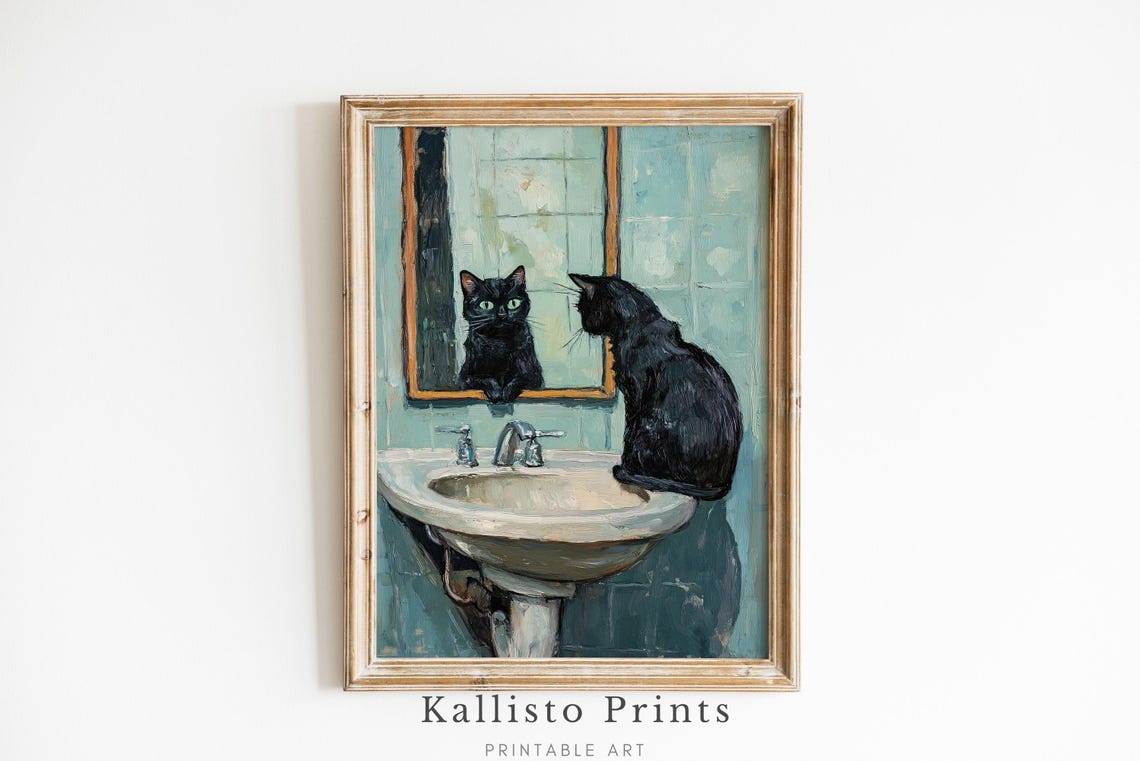 Black Cat Mirror Reflection Art Print, Whimsical Decor