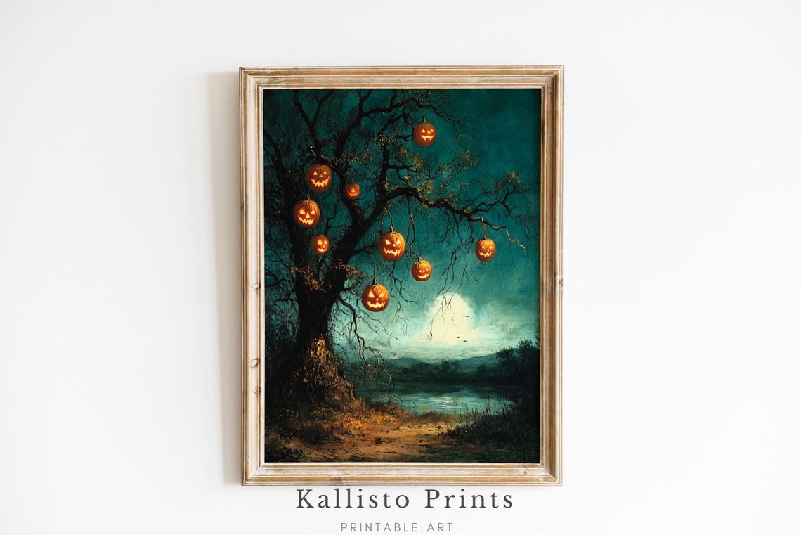 Jack O Lantern Tree With Glowing Pumpkins Moonlit Night Poster
