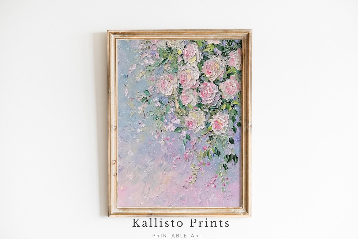 Cascading Pink Roses Pastel Impasto Romantic Floral Wall Art