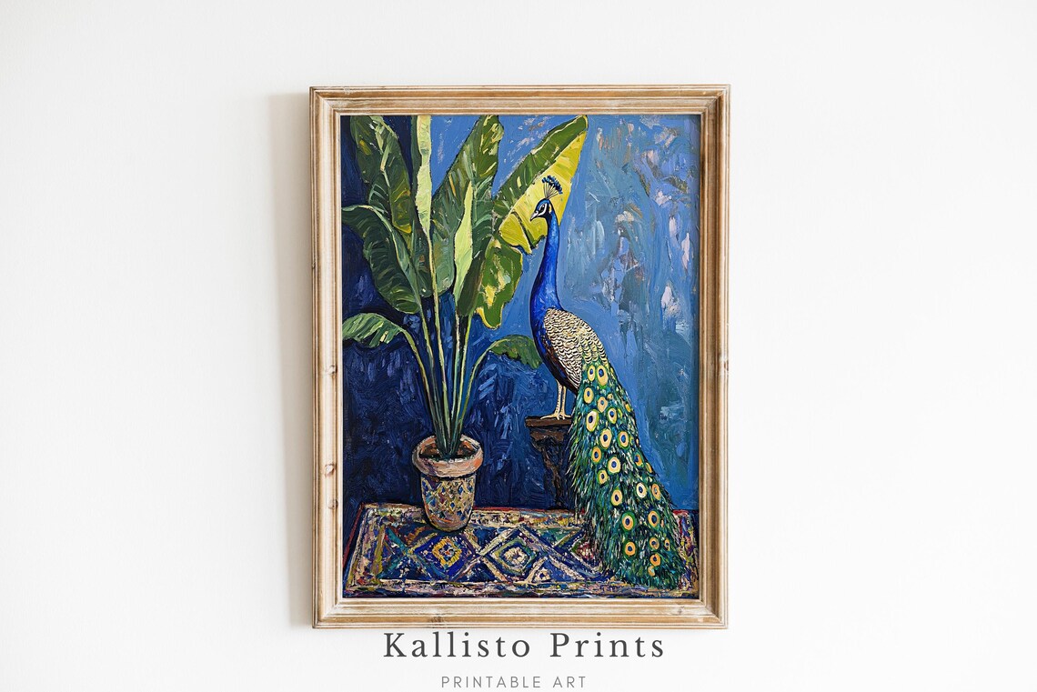 Proud Peacock Beside Banana Plant Deep Blue Tropical Oil Wall Art