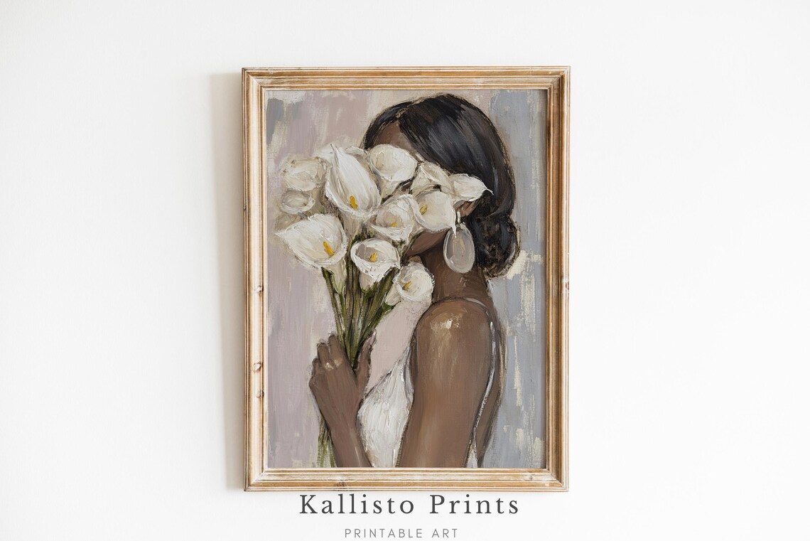Elegant Woman Holding White Calla Lilies Bouquet Soft Neutral Wall Art