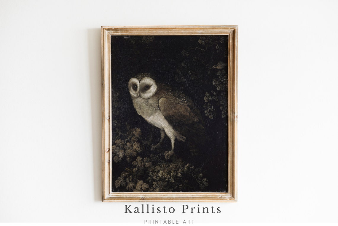 Vintage Owl Wall Art, Dark Gothic Nature Art Print