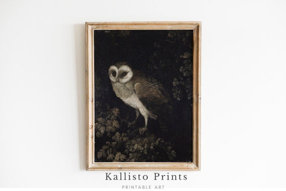 Vintage Owl Wall Art, Dark Gothic Nature Art Print