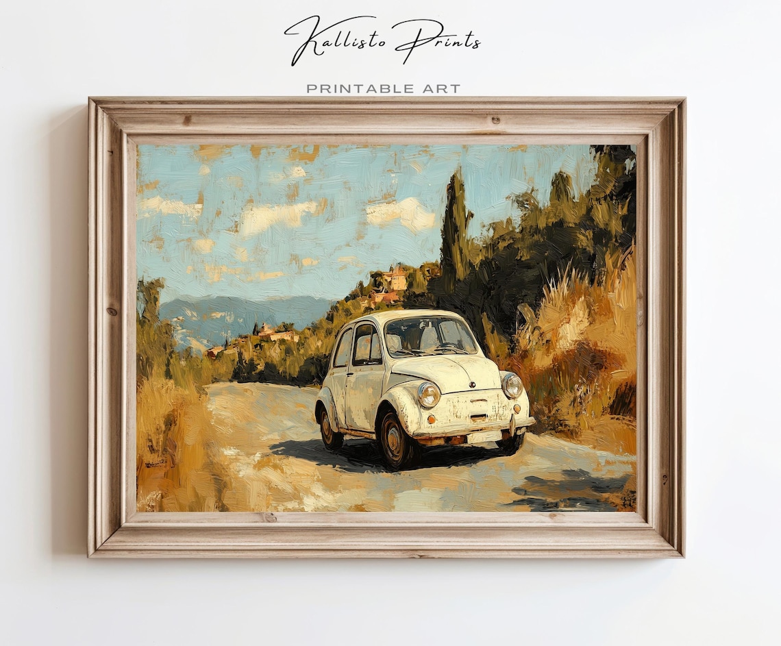 White Vintage Fiat 500 Country Road Tuscan Hills Painting Poster