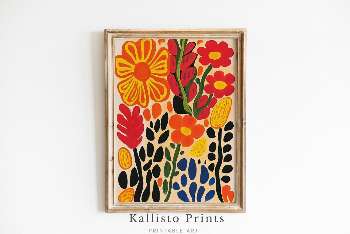 Warm Folk Art Flowers Red Orange Bold Modern Cutout Style Poster