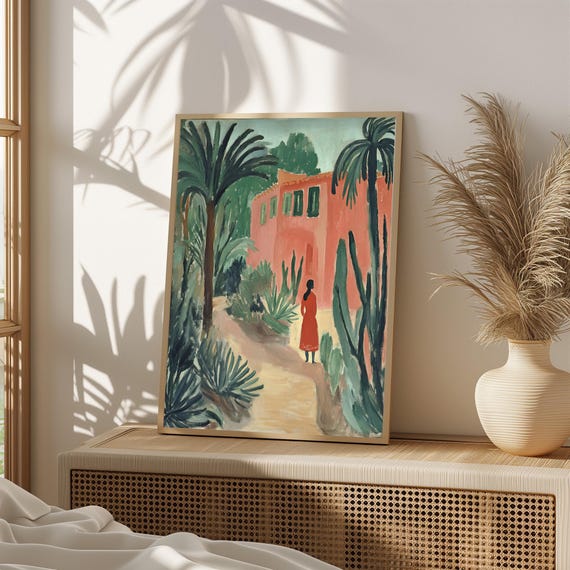 Serene Mediterranean Courtyard Wall Art Natureinspired Print Rustic Scenic Dcor706
