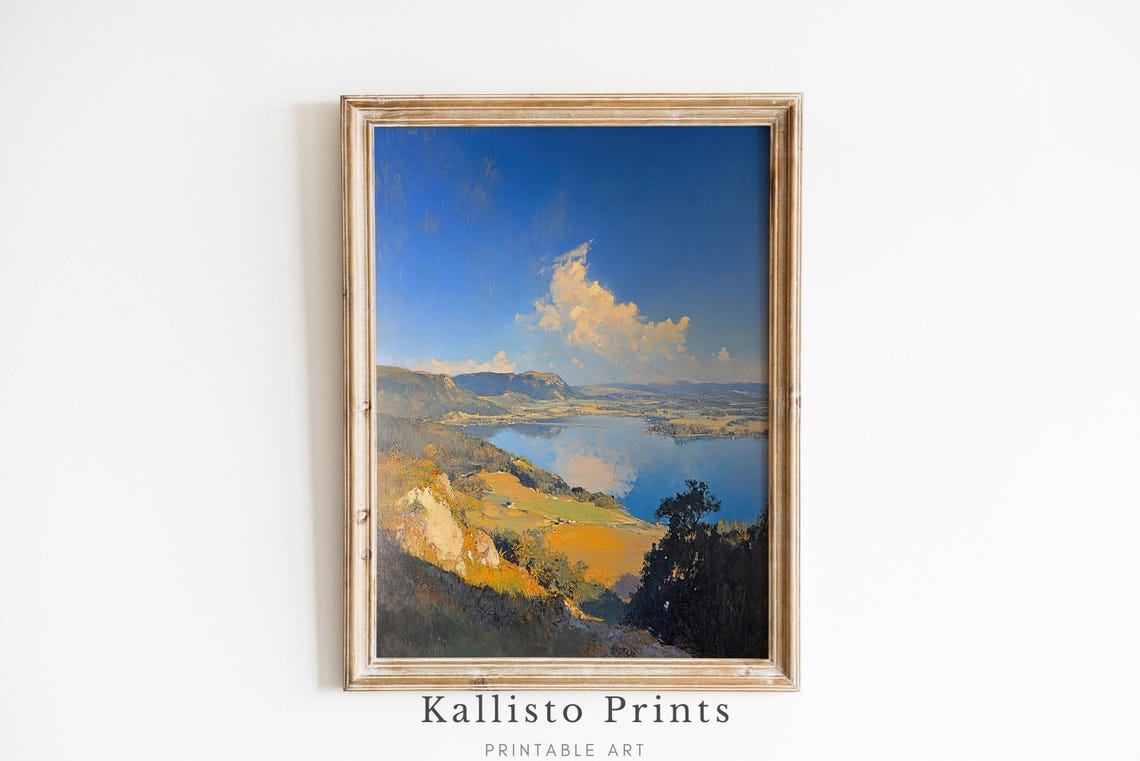 Blue Lake From Golden Hillside Classic Panoramic Landscape Wall Art