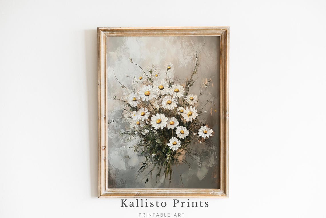 White Daisy Bouquet Rustic Neutral Farmhouse Floral Wall Art