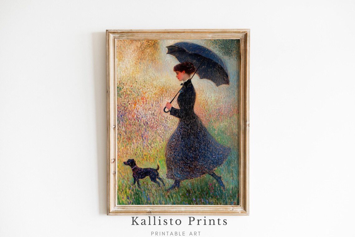 Woman With Umbrella Walking Dog Field Impressionist Art Poster