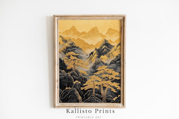 Golden Mountain Pines Black Rock Luxury Gold Ink Landscape Wall Art