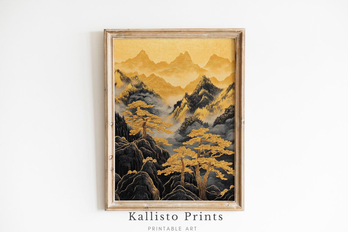 Golden Mountain Pines Black Rock Luxury Gold Ink Landscape Wall Art