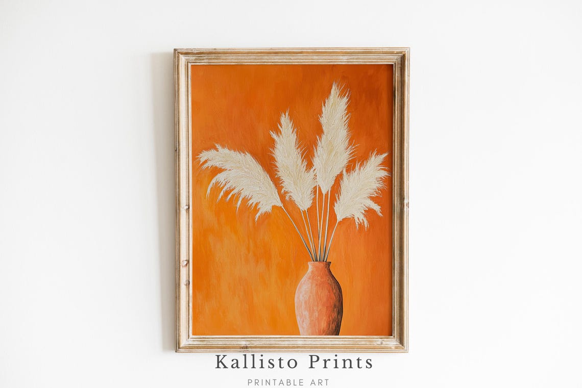 Pampas Grass Terracotta Vase Orange Background Boho Art Poster