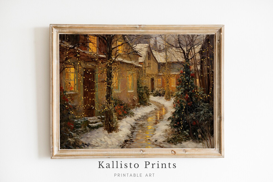 Winter Village Scene Art Print, Rustic Holiday Decor