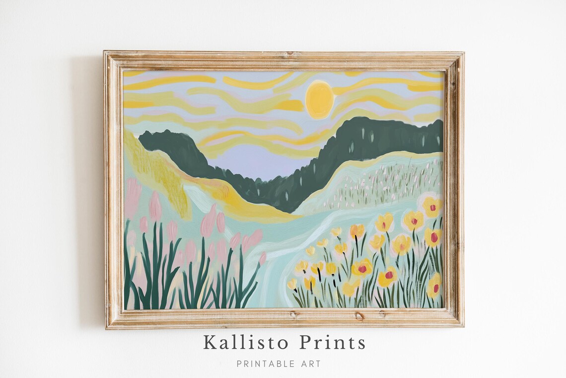 Minimalist Rolling Hills Tulips Wildflowers Yellow Sun Modern Poster