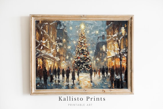 Festive Christmas Tree In Town Square Vintage Travel Poster