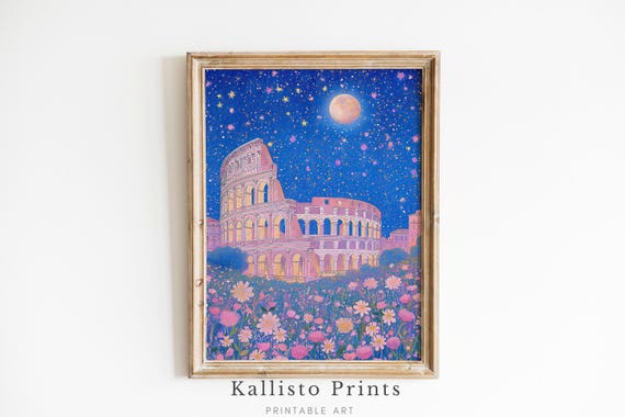 Rome Colosseum Art Print Celestial Night Sky Illustration Dreamy Italian Landmark Poster Mystical Travel Wall Decor Download922