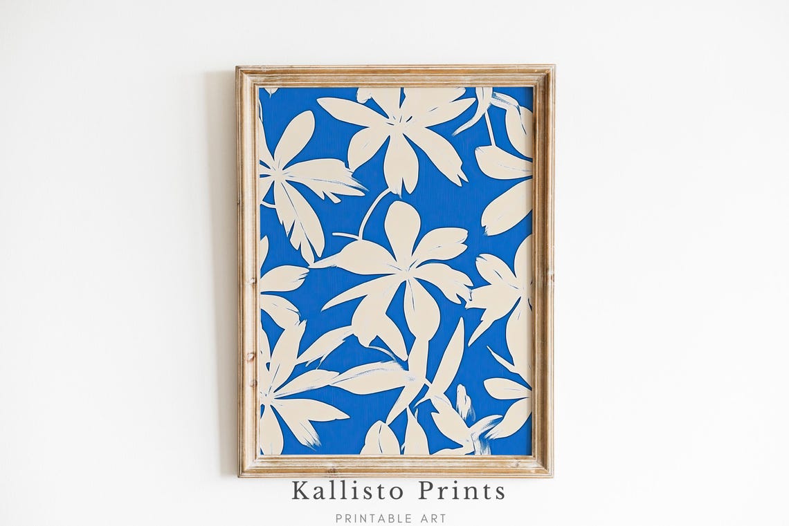 Bold Blue And White Floral Silhouette Pattern Modern Botanical Print