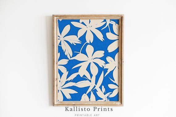 Modern Floral Abstract Blue And White Minimalist Wall Art Botanical Print Home Decor Bold Pattern Art866