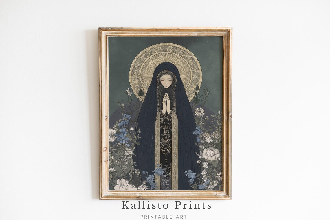 Praying Veiled Woman Golden Halo Dark Gothic Religious Art Poster