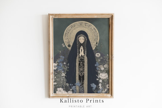 Praying Veiled Woman Golden Halo Dark Gothic Religious Art Poster