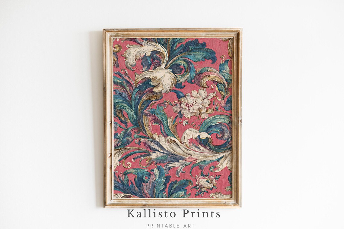 Baroque Floral Rose Pink Ornate Teal Scroll Vintage Botanical Poster
