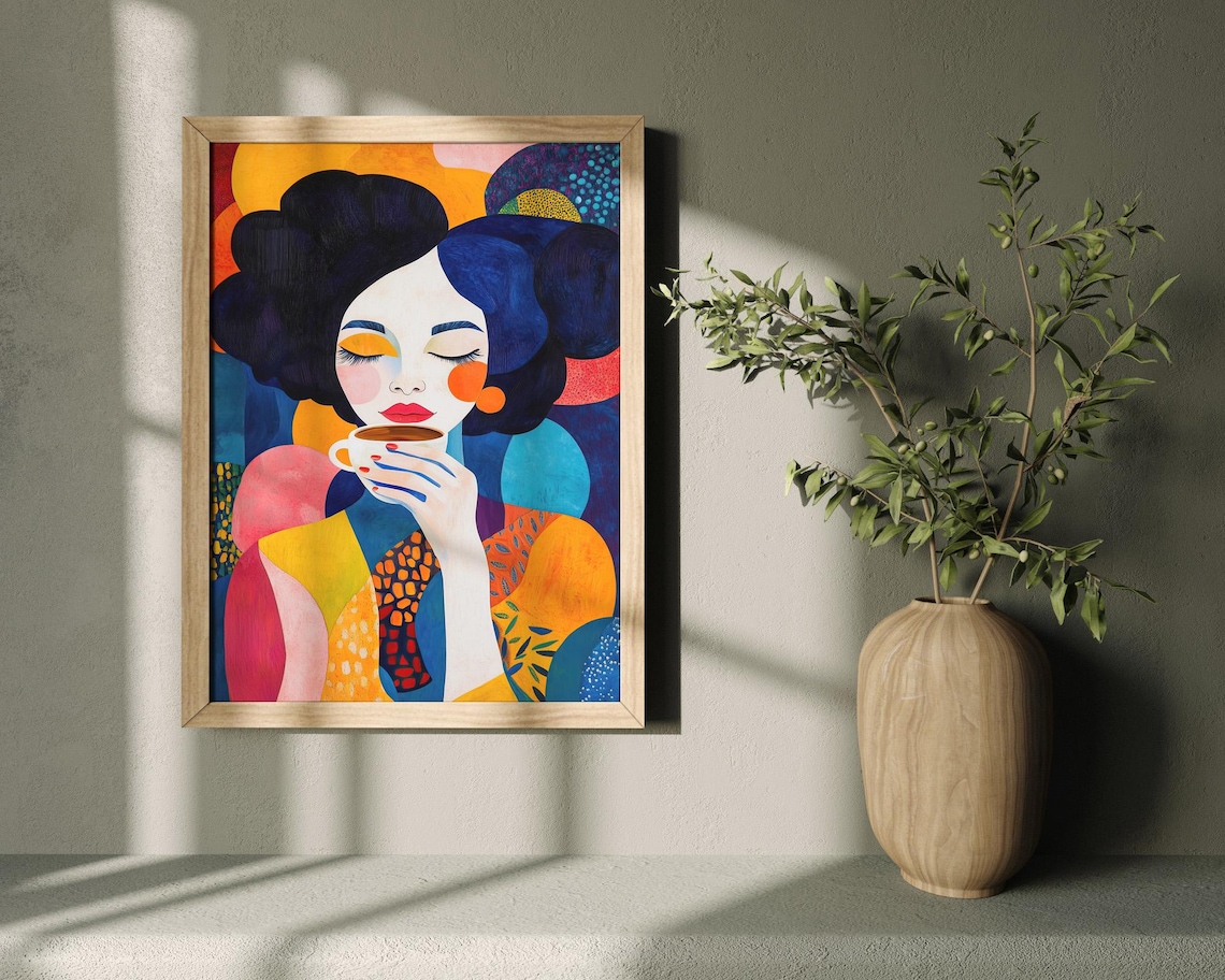 Modern Abstract Woman Coffee Poster Bold Colorful Portrait Pop Art