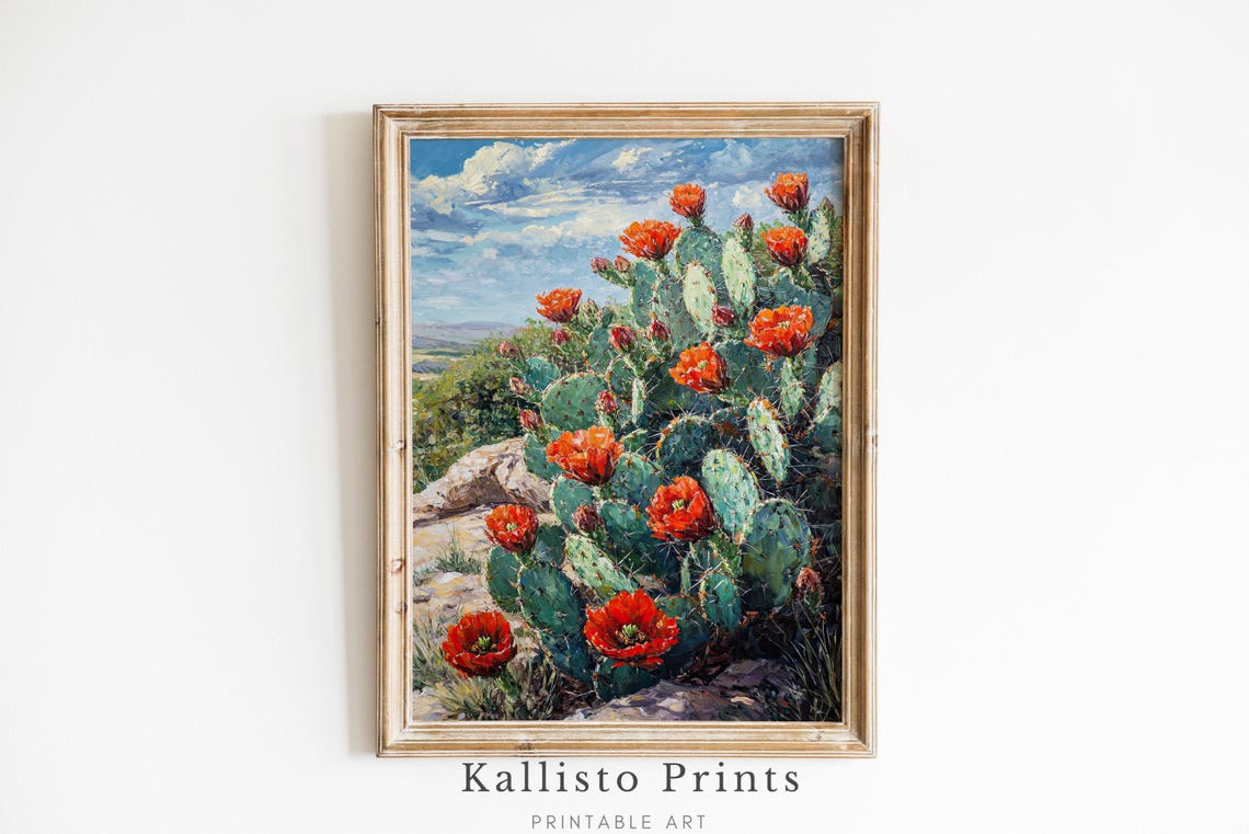 Blooming Red Cactus Desert Poster Prickly Pear Flowers Botanical Art