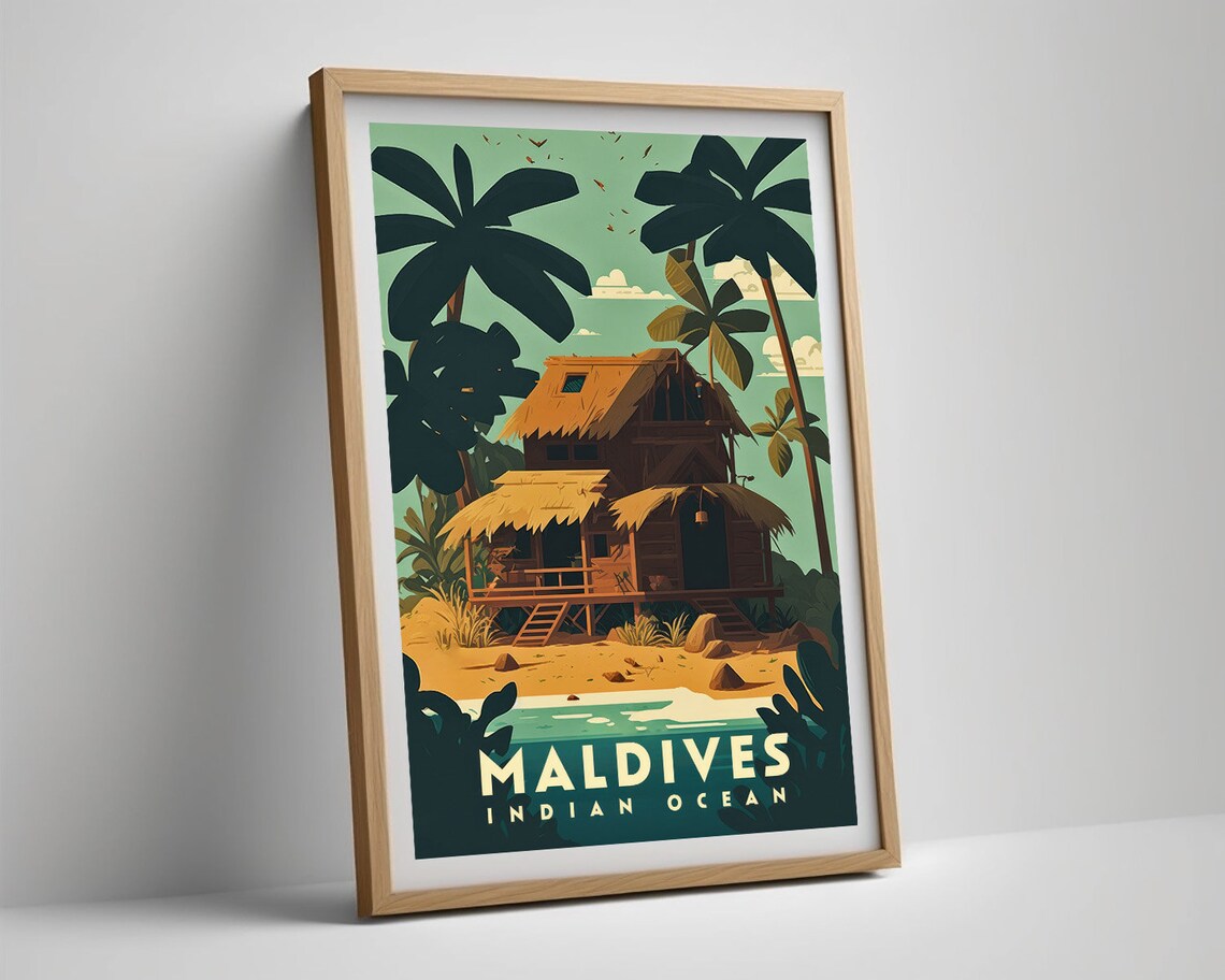 Maldives Indian Ocean Beach Hut Palm Trees Retro Travel Poster - Image 5
