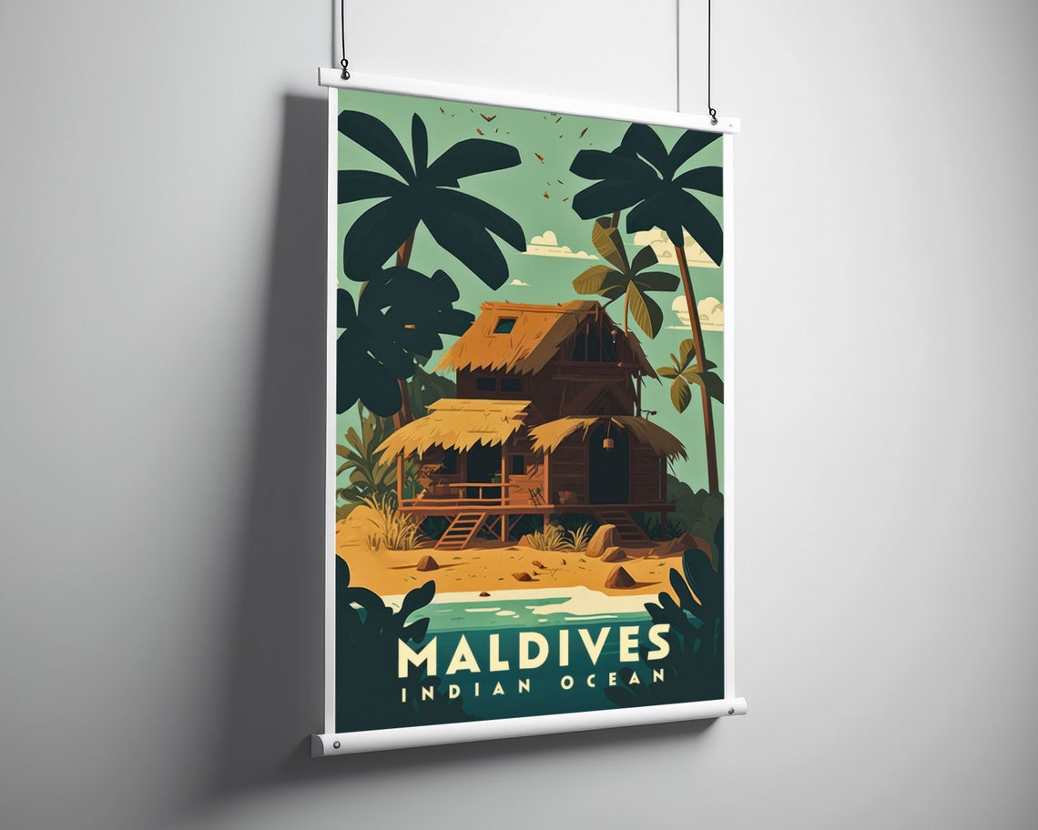 Maldives Indian Ocean Beach Hut Palm Trees Retro Travel Poster - Image 3